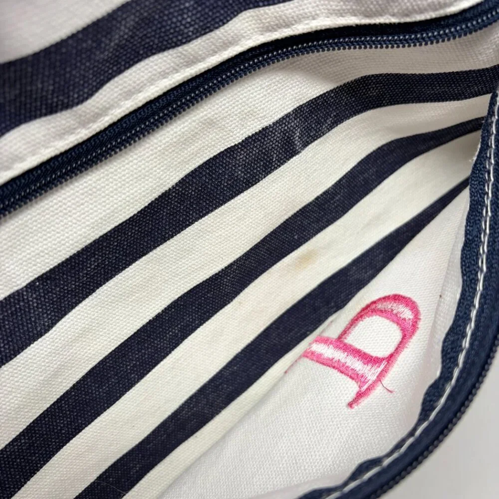 Pottery Barn Kids tote bag large blue white stripe preppy P pink monogram cotton